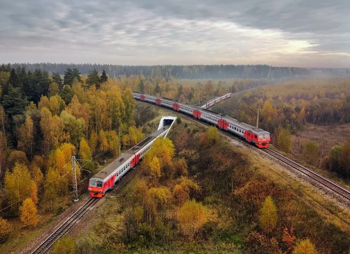 Meeting - Railway, A train, Meeting, Overpass, Aerial photography, Russian Railways, Autumn