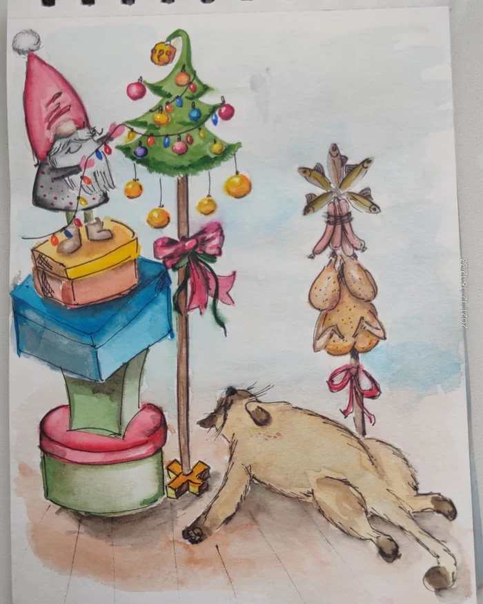 New year cats - My, cat, New Year, Drawing, Christmas trees