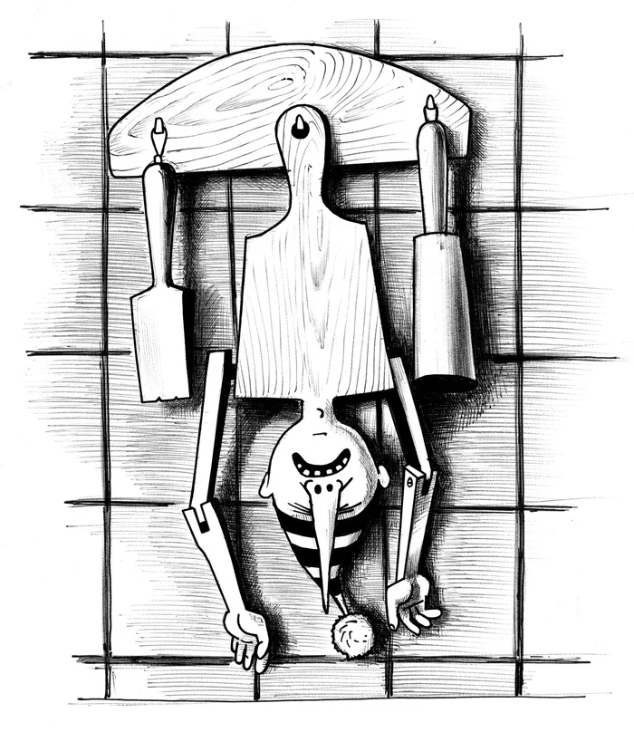 Pinocchio - My, Sergey Korsun, Caricature, Pen drawing, Black humor, Pinocchio, Cutting board, Fairy tales in a new way