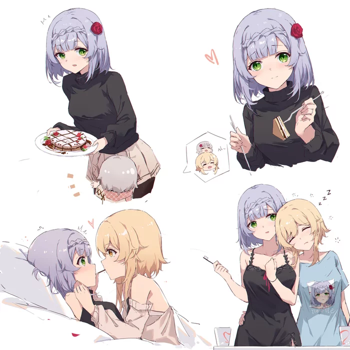 Lumine & Noelle - Genshin impact, Lumine, Noelle, Games, Art, Girls, Anime, Anime art, Yuri, Longpost