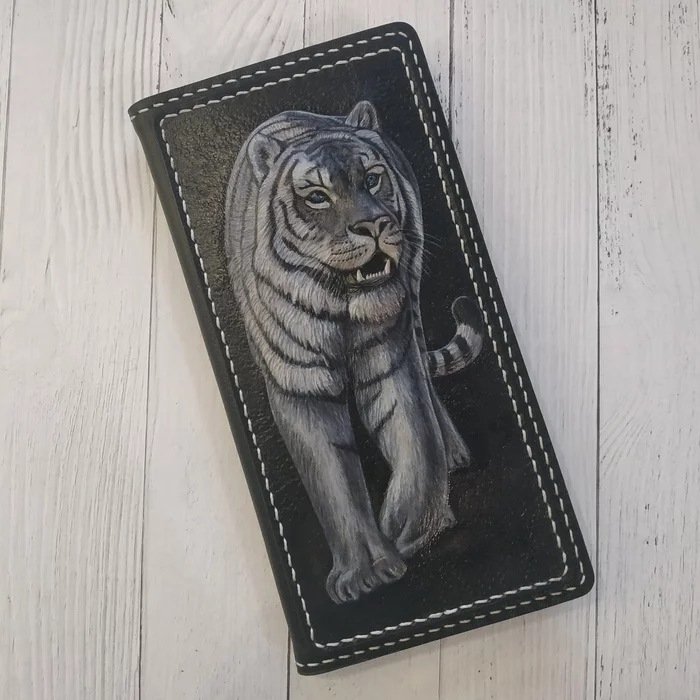 White tiger - My, White tiger, Tiger, Leather, Embossing on leather, Longer, Purse, Wallet, Handmade, Needlework with process, Longpost