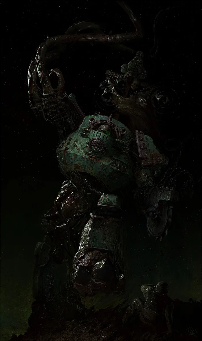 Corrupted Deathguard Contemptor Dreadnought by Thibault Ollier - Thibault Ollier, Warhammer 40k, Wh Art, Deathguard, Chaos Space marines, Chaos dreadnought, Astra Militarum, Длиннопост