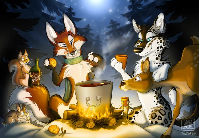 Christmas mulled wine - Art, Tanidareal, Mulled wine, Bonfire, Forest, Furry feral, Furry