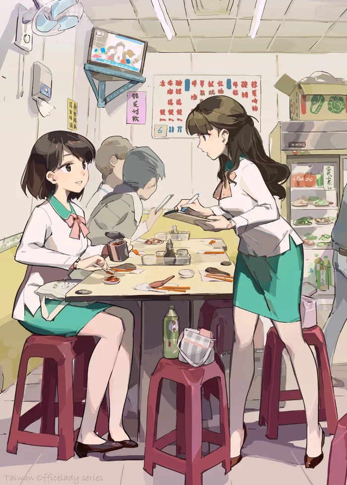 lunch break - Anime, Anime art, Anime original, Pixiv, Office, Dinner, Girls