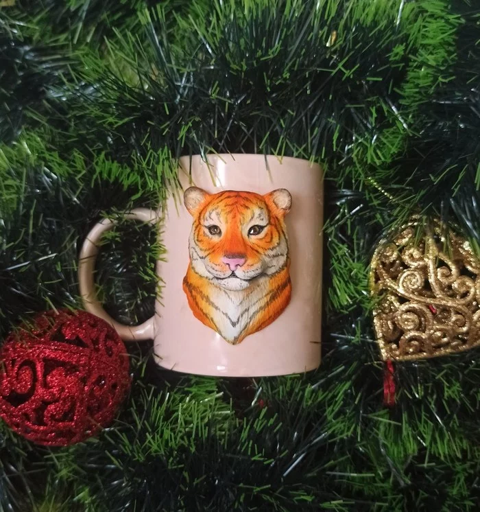 Gift for New Year 2022 - My, Tiger cubs, Tiger, Presents, Needlework without process, Needlework, Polymer clay, Лепка, Mug with decor, New Year, Decor, Figurines, Handmade, Horoscope, Friday tag is mine, Progress, Longpost, Symbols and symbols
