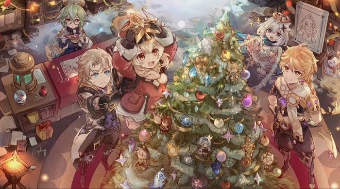 Even they already have a Christmas tree;) - Genshin impact, Anime art, New Year, Sucrose, Albedo Kreideprinz, Klee, Paimon, Aether, Art, Anime, Games