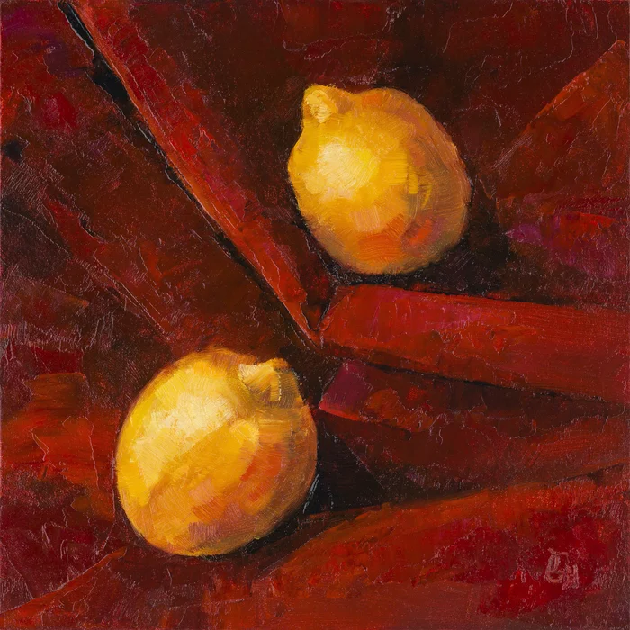 Still life with yellow lemons on a red drapery - My, Art, Images, Oil painting, Painting, Creation, Modern Art, Lemon, Still life, Art, Artist, Red, Realism