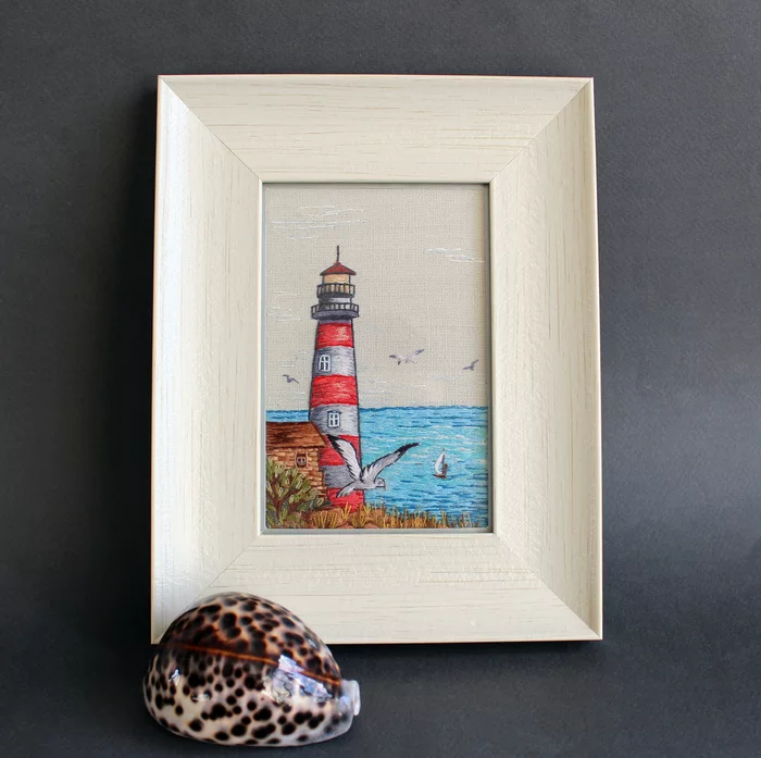 Reference point - My, Embroidery, Satin stitch embroidery, Sea, Lighthouse, Seagulls, Signs, Needlework without process, Longpost