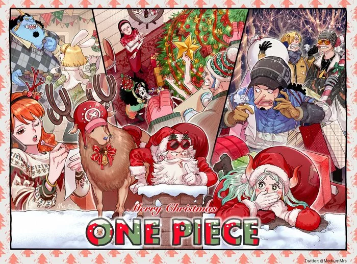 Merry christmas - Anime, Anime art, One piece, Christmas, Monkey D Luffy, Nami, Yamato (One Piece), Usopp