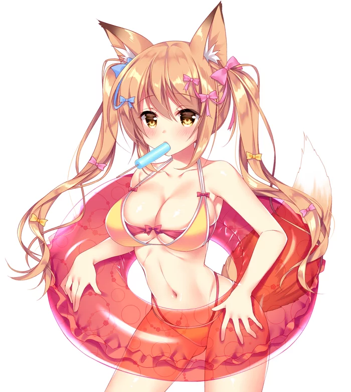 Continuation of the post Inflatable fetish - NSFW, Fetishism, Inflator, Girls, Erotic, Anime, Anime art, Animal ears, Swimsuit, Reply to post, Longpost, Inflatable circle
