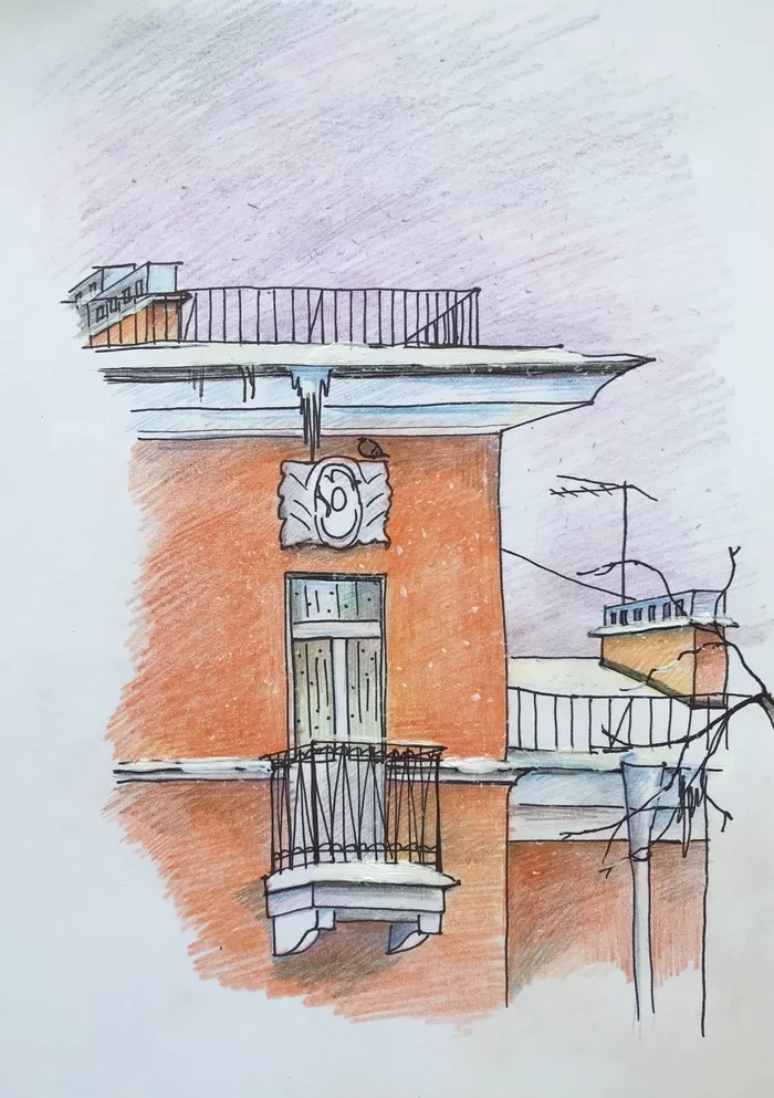 Balcony - My, Luboff00, Colour pencils, Graphics, Pencil drawing, Okhta, Drawing, Balcony