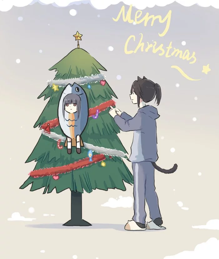 Merry Christmas! From Lyytoaoitori with his cat girls - Lyytoaoitori, Nozomi Kasaki, Comics, Anime, Mizore Yoroizuka, Hibike! Euphonium, Liz and the Blue Bird, Anime art, Animal ears, Neko, Christmas
