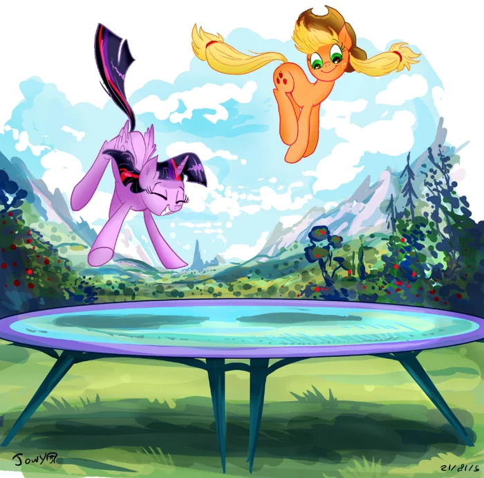 Are jumping - My little pony, Twilight sparkle, Applejack, PonyArt, Jowybean