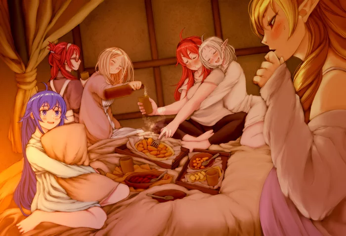 26 gathering of women of the Greyrat family - Art, Anime art, Anime, Mushoku tensei, Sylphiette, Roxy migurdia, Eris boreas greyrat, Zenith Greyrat, Elinalise Dragonroad