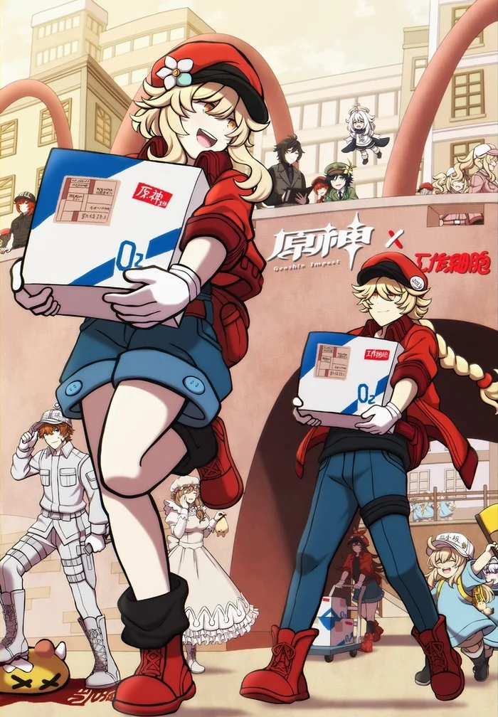 Delivery - Anime art, Genshin impact, Lumine, Aether, Klee, Qiqi, Tartaglia, Lisa (Genshin Impact), Amber, Venti, Diluc, Zhongli, Paimon, Crossover, Hataraku Saibou