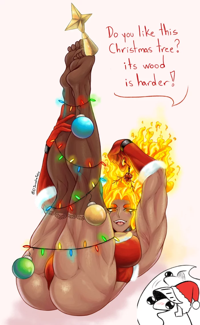 Do you like this Christmas tree? This wood is tougher! - NSFW, Muscleart, Strong girl, Art, Sports girls, Erotic, Hand-drawn erotica, Bodybuilders, Body-building, Girls, Eljarochofeliz, Christmas, New Year