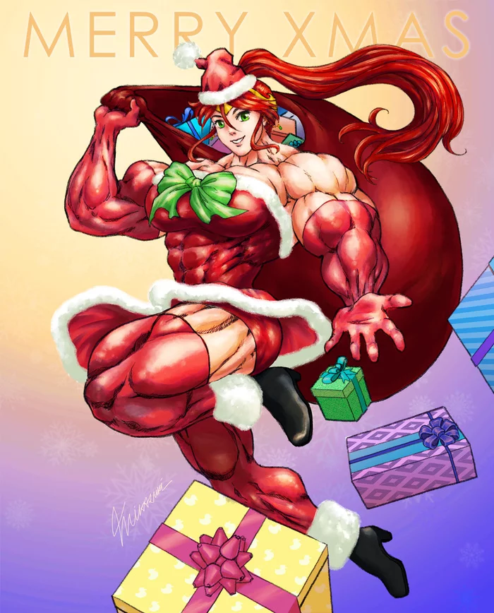 Santa nikos - Muscleart, Strong girl, Sleep-Sleep, Extreme muscles, Pyrrha nikos, RWBY, Body-building, Bodybuilders, Anime, Anime art, Christmas, New Year, Mikazukiart