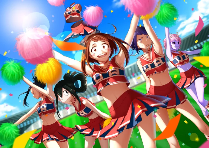 Cheerleaders - Anime art, Anime, Uraraka ochako, Ashido mina, Yaoyorozu momo, Kyouka Jirou, Asui tsuyu, Hagakure Tooru, Boku no hero academia, Cheerleading