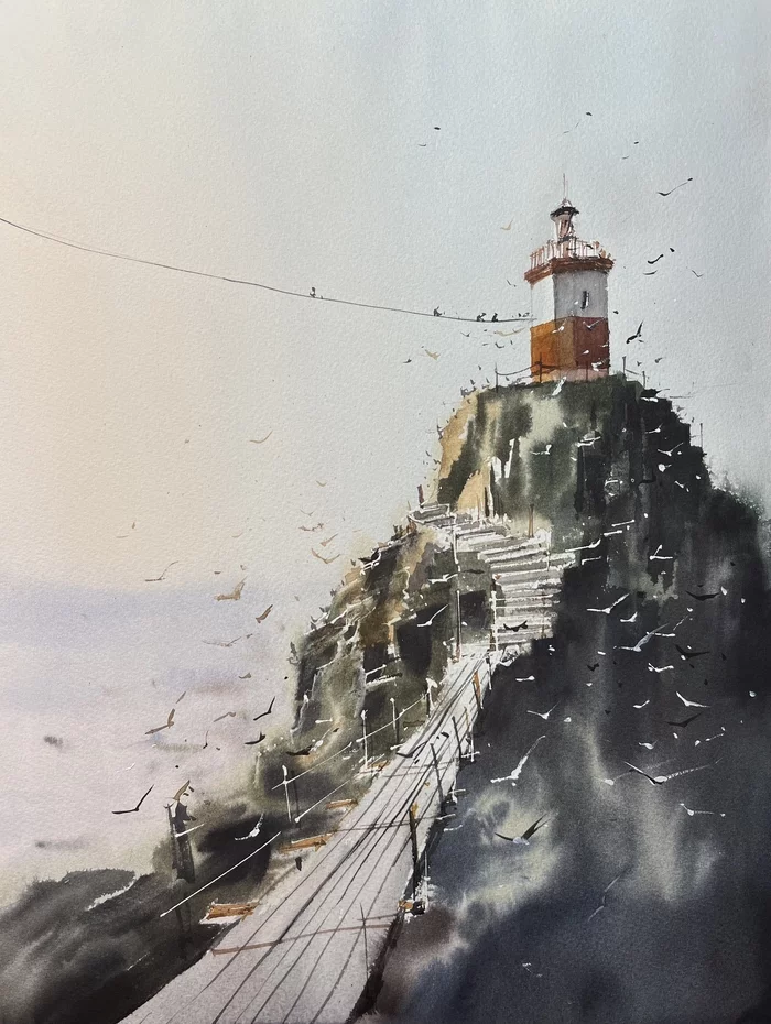 Basarginsky lighthouse. Watercolor - My, Watercolor, Drawing, Artist, Lighthouse, Vladivostok