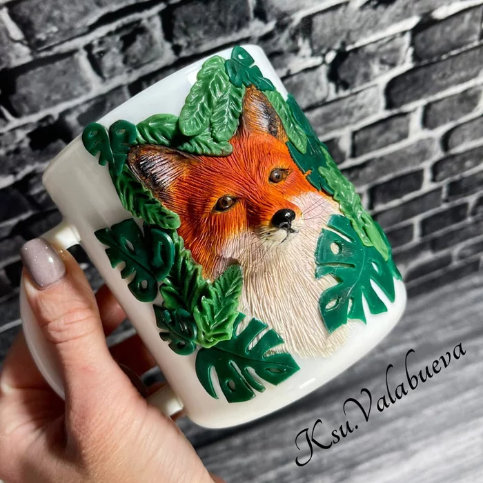 Fox in ferns and monster - My, Polymer clay, Fox, Fern, Monstera, Кружки, Mug with decor, Handmade, Needlework without process