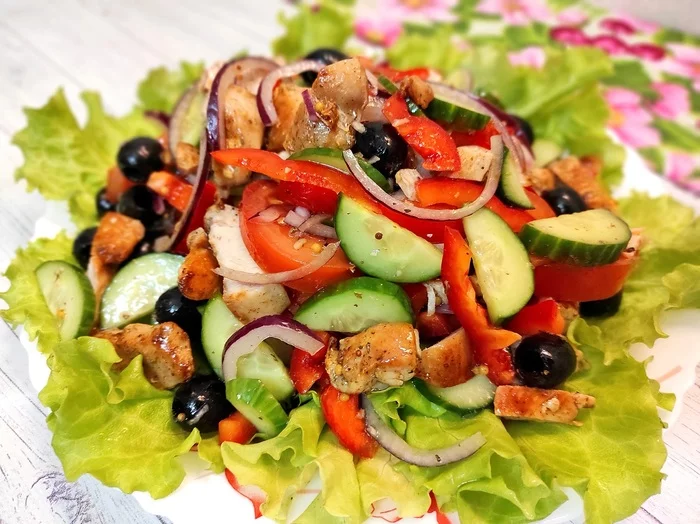 Chicken salad with fresh vegetables - My, Salad, Chicken salad, Salad without mayonnaise, Festive table, Food, Cooking, Recipe, Preparation, Salad dressing, Mayonnaise, Video, Longpost