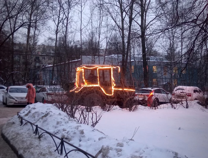 The holiday comes to us in St. Petersburg - My, Tractor, LED Strip Light, Morning, Holidays, New Year, Saint Petersburg, Courtyard, Snow removal, Good mood, Longpost