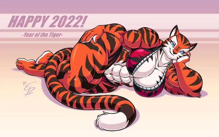 Happy new year of the tiger - NSFW, Eltonpot, Muscleart, Strong girl, Sleep-Sleep, Furotica, Furry feline, Furry, Anthro, Body-building, Bodybuilders, Art, Hand-drawn erotica