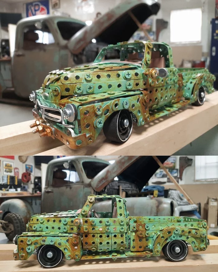 1954 Chevy 3100 made of metal constructor, wire, rubber, leather and cardboard - My, Chevrolet, Truck, Rust, Modeling, Constructor