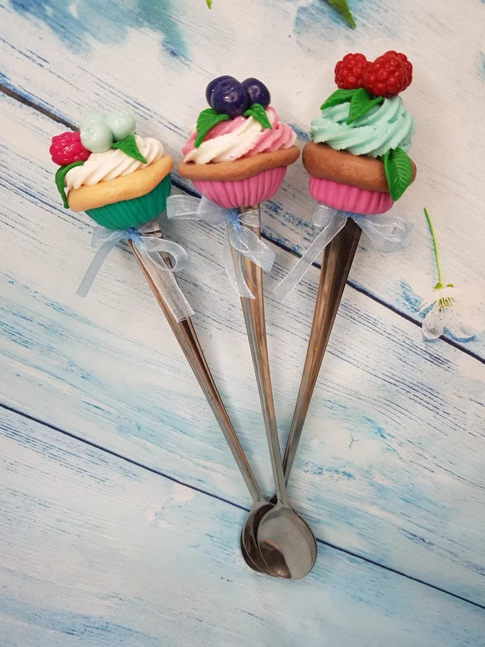 Delicious spoons - My, Needlework without process, Raspberries, A spoon, Berries, Cream, Polymer clay, With your own hands, Handmade, Longpost