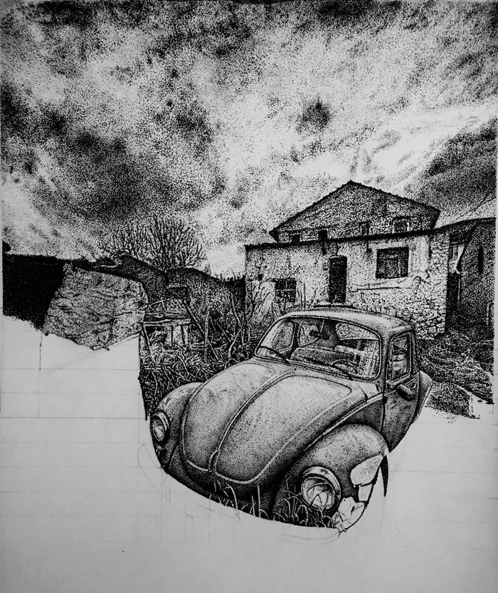 process - My, Artist, Painting, Art, Beginner artist, Sketch, Pointillism, Car, Abandoned