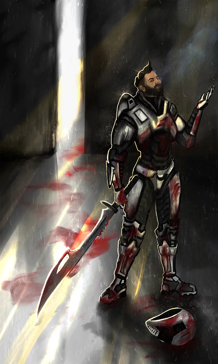 Космодесантник после битвы The Space Marine after the battle - Моё, Клинок, Воин, Космодесант, Дождь, Меч