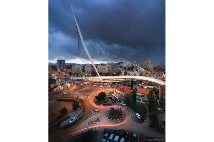 String Bridge, Jerusalem - My, Jerusalem, Israel, Palestine, Architecture, Modern architecture, Bridge, The photo, Photographer, Alexey Golubev, Long exposure, Town, Night city, Night shooting