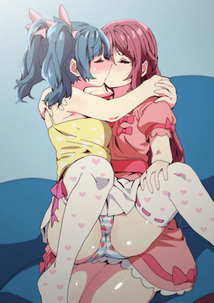 Girlfriends) - NSFW, Anime, Anime art, Girls, Art, Hand-drawn erotica, Pantsu, Underwear, Stockings, Yuri, Love live! Sunshine !!, Tsushima Yoshiko, Riko Sakurauchi