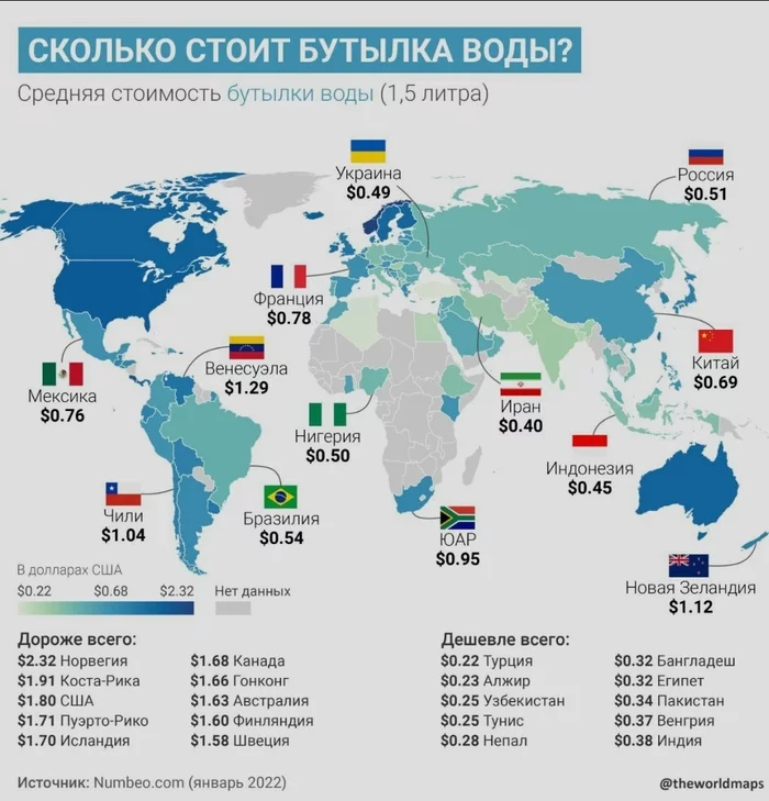 How much does a bottle of drinking water (1.5 liters) cost on average around the world? - World map, Country, Drinking water