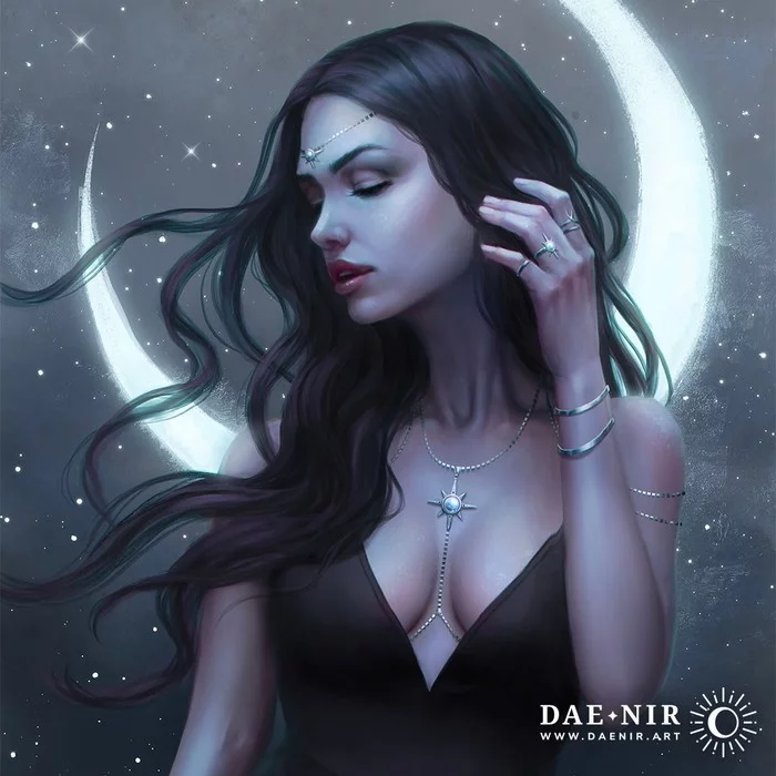 Child of the Moon - Drawing, Girls, moon, Stars, Art, Neckline, Daenirart