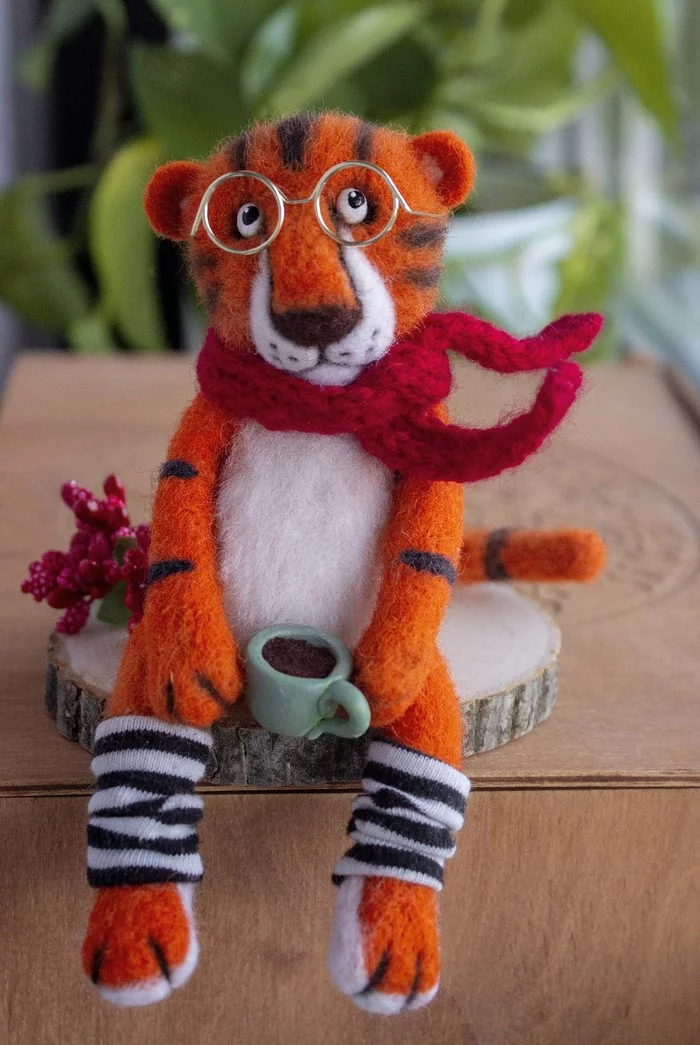 Brooding Tiger - My, Tiger, Striped, Dry felting, Needlework without process, Wool, Coffee