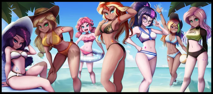 На пляже - My Little Pony, PonyArt, MLP Edge, Хуманизация, Mane 6, Sunset Shimmer, The-Park