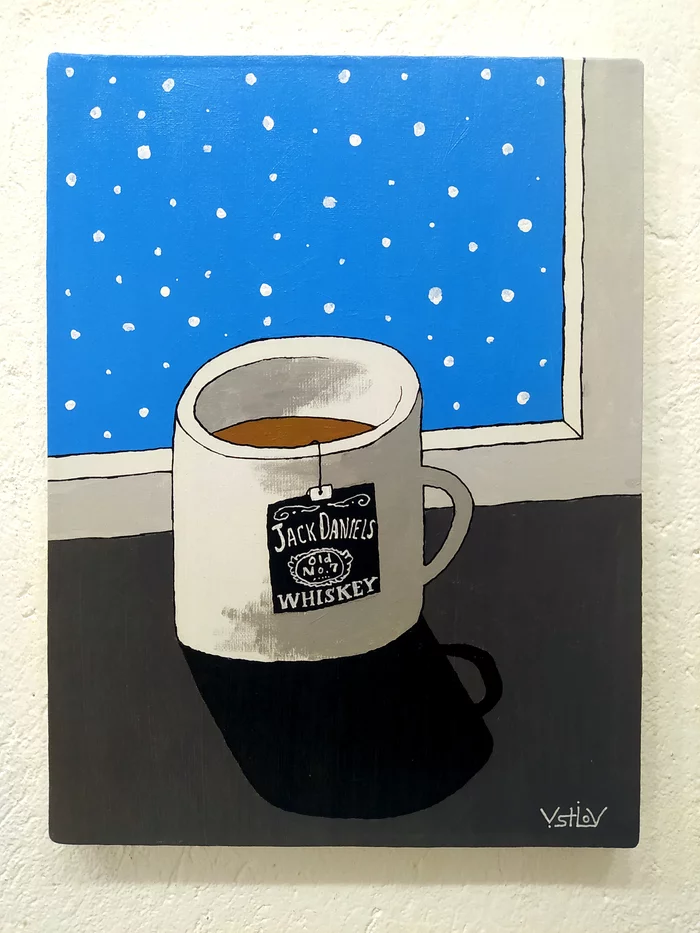 In St. Petersburg to drink - My, Tea, Whiskey, Painting, Snow, Acrylic, A cup, Alcohol, Painting, Drawing, Modern Art
