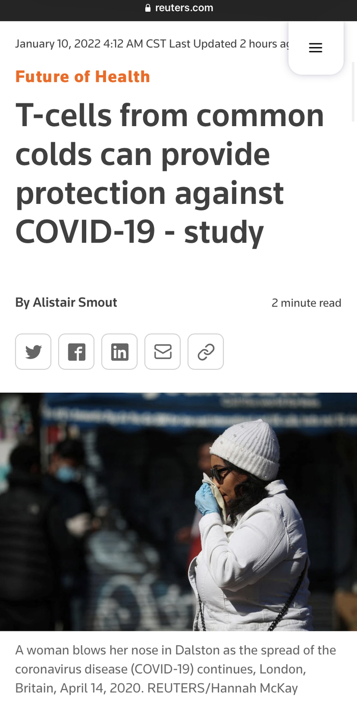 Да ну? Переболев обычной простудой, становишься защищённей от ковида? Рейтерс - жалкие конспирологи!