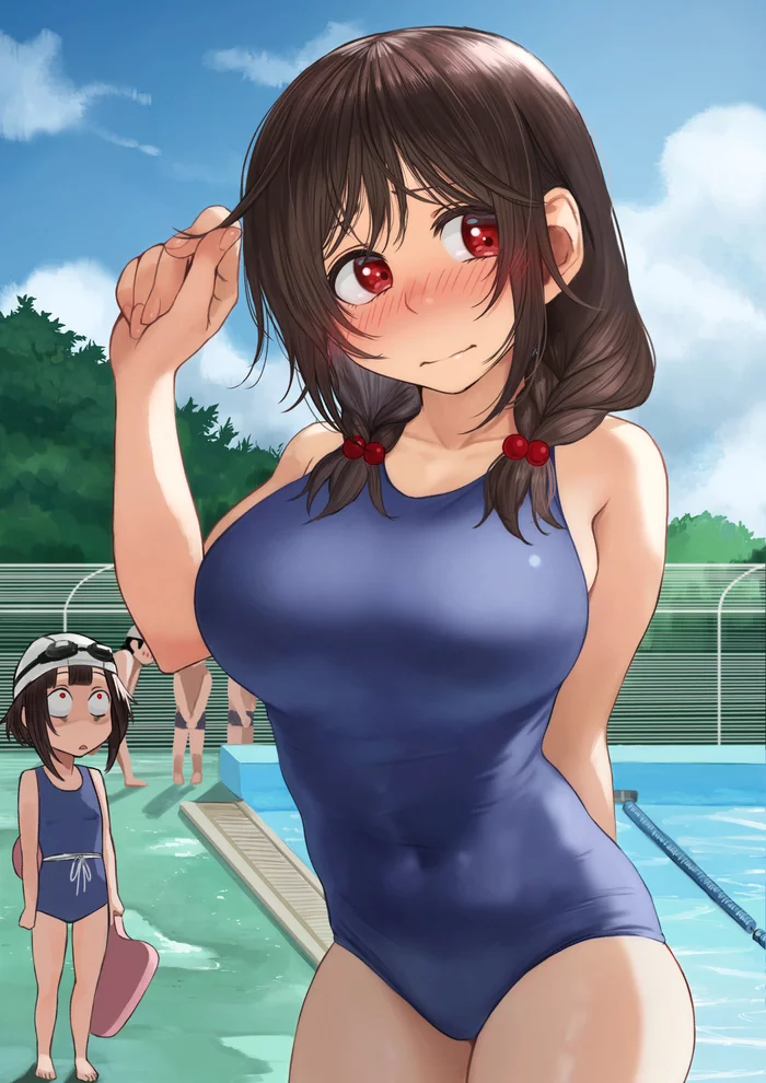 Scarlet Demons in the Pool - NSFW, Konosuba, Yunyun, Megumin, Anime art, Anime, Swimsuit