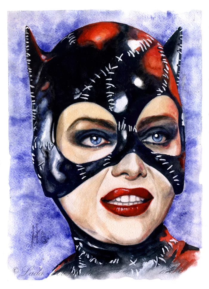 Drawing in watercolor. Catwoman - My, Portrait by photo, Portrait, Drawing, Watercolor, Catwoman, Selina Kyle, Batman, Tim Burton, Celebrities, Actors and actresses