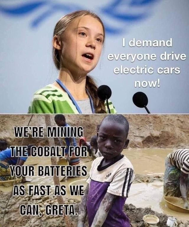 I demand that everyone drive electric cars now. - Greta Thunberg, Electric car, Child labour, Picture with text