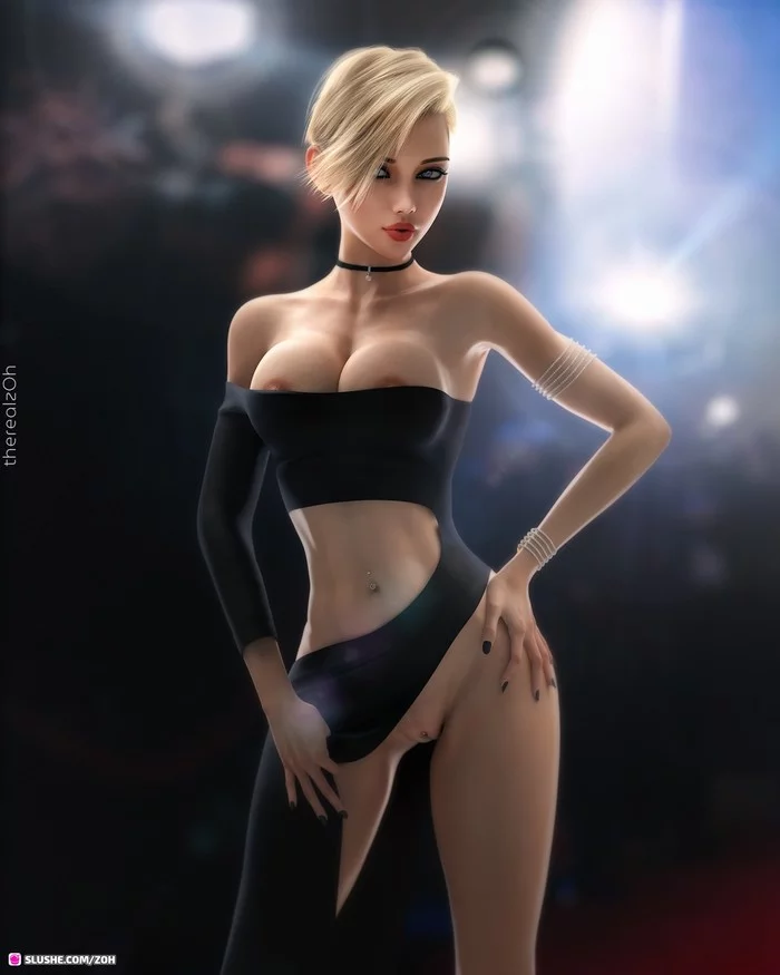 New dress - NSFW, Art, 3D, Girls, Erotic, Hand-drawn erotica, Boobs, Labia, Clitoris, Without underwear, Upskirt, Choker, Piercing, Pin up, Original character, Therealzoh