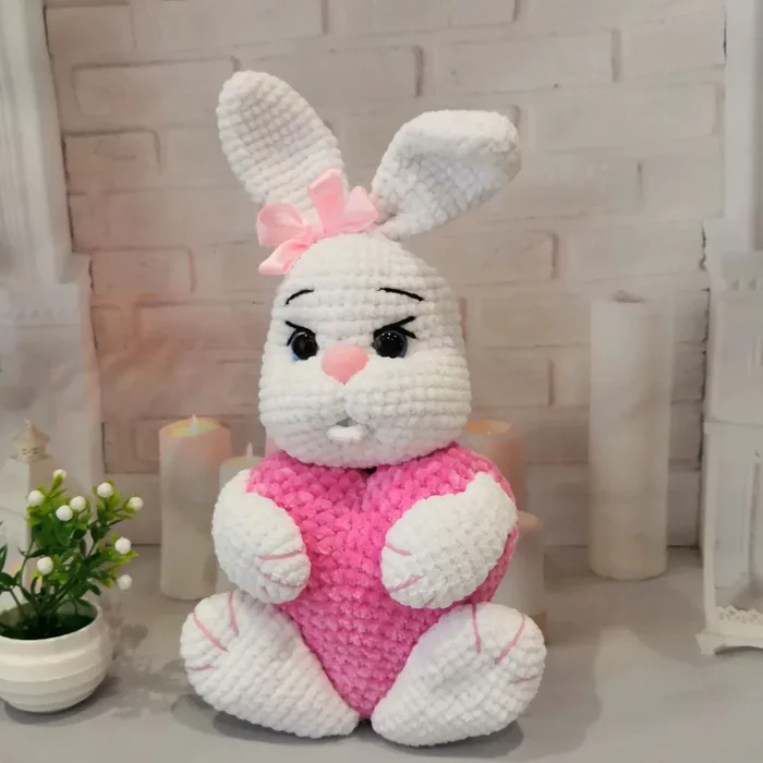 Bunny in love! - My, Valentine's Day, Presents, Pillow Toy, Crochet, Knitted toys, Souvenirs, Love, Longpost, February 14 - Valentine's Day