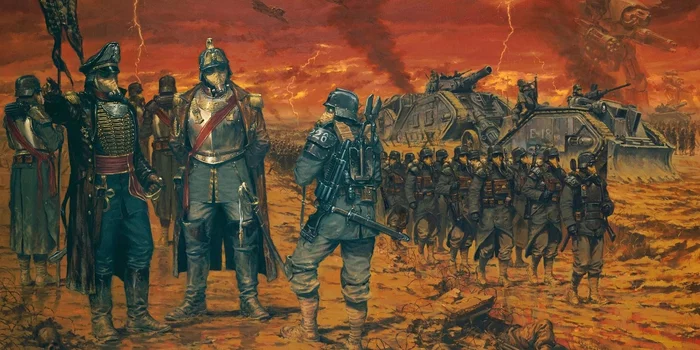 Krieg March by Karl Kopinski - Karl Kopinski, Warhammer 40k, Wh Art, Astra Militarum, Death Korps of Krieg, Commisar, Legio Titanicus, Aeronautica Imperialis, Leman Russ