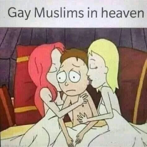 Gay Muslim in Paradise - Muslims, Gays, Paradise, Picture with text, Rick and Morty, Humor