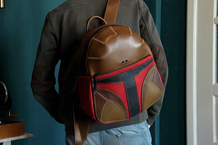 Helmet Boba Fett - backpack (our new project) - My, Handmade, Needlework, Decor, Natural leather, Interesting, Star Wars, Mandalorian, Boba Fett, Leather products, Craft, Needlework with process, Needlework without process, With your own hands, Video