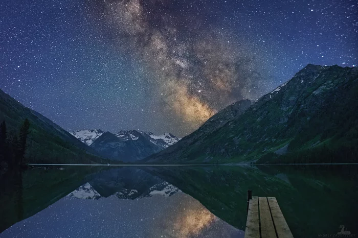 Gorny Altai, Srednye Multinskoe Lake at night and at dusk - My, The photo, Astrophoto, Stars, Tourism, Altai Republic, Altai Mountains, Multin Lakes, Milky Way, Sky, Lake