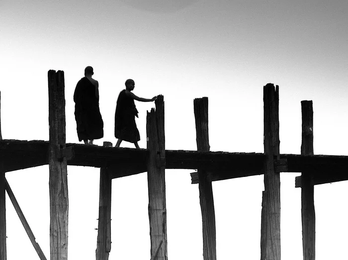 Monks - My, Myanmar, Bridge, Monks, Black and white photo, Mandalay