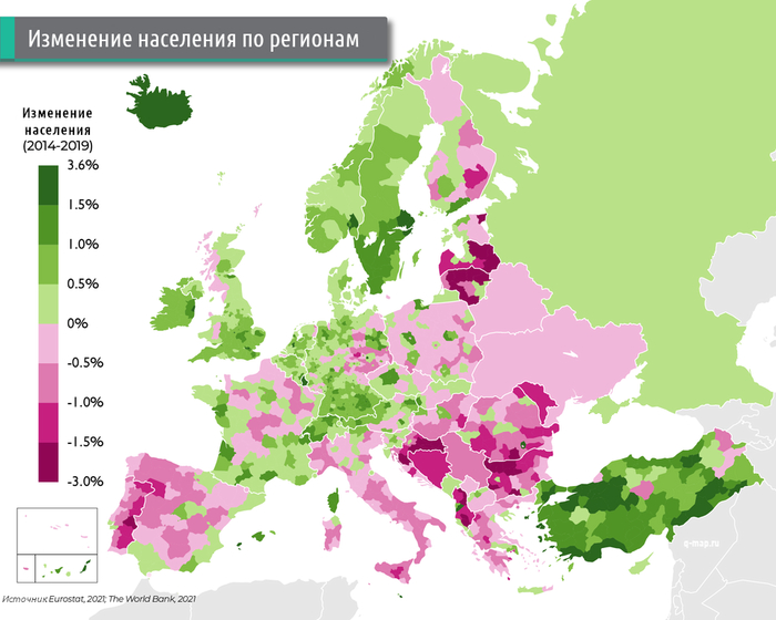 Изменение населения в процентах по регионам в Европе и Турции